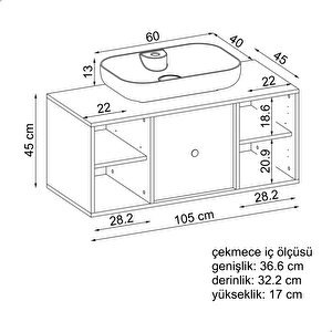 Ayaksız Oval Lavabolu Mdf 105 Cm Çekmeceli Banyo Dolabı Beyaz
