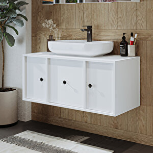 Ayaksız Oval Lavabolu Mdf 105 Cm Çekmeceli Banyo Dolabı Beyaz