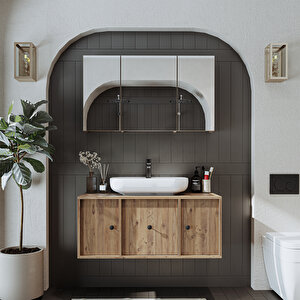Oval Lavabolu Mat Mdf 105 Cm Çekmeceli Banyo Dolabı + Aynalı Üst Dolabı Atlantik Çam