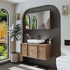 Oval Lavabolu Mat Mdf 105 Cm Çekmeceli Banyo Dolabı + Aynalı Üst Dolabı Atlantik Çam