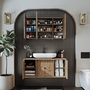 Roomart Oval Lavabolu Mat Mdf 105 Cm Çekmeceli Banyo Dolabı + Aynalı Üst Dolabı