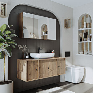 Roomart Oval Lavabolu Mat Mdf 120 Cm Çekmeceli Banyo Dolabı + Aynalı Üst Dolabı