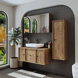 Oval Lavabolu Mat Mdf 105 Cm Çekmeceli Banyo Dolabı + Aynalı Üst Dolabı + Boy Dolabı Atlantik Çam