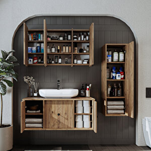 Roomart Oval Lavabolu Mat Mdf 105 Cm Çekmeceli Banyo Dolabı + Aynalı Üst Dolabı + Boy Dolabı