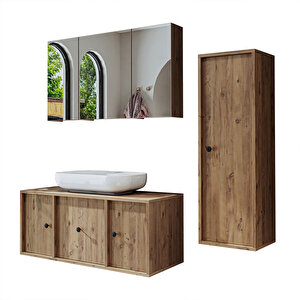 Roomart Oval Lavabolu Mat Mdf 105 Cm Çekmeceli Banyo Dolabı + Aynalı Üst Dolabı + Boy Dolabı