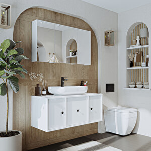 Roomart Oval Lavabolu Mat Mdf 105 Cm Çekmeceli Banyo Dolabı + Aynalı Üst Dolabı