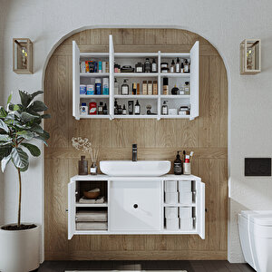 Roomart Oval Lavabolu Mat Mdf 105 Cm Çekmeceli Banyo Dolabı + Aynalı Üst Dolabı