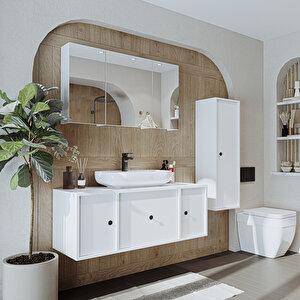Oval Lavabolu Mat Mdf 120 Cm Çekmeceli Banyo Dolabı + Aynalı Üst Dolabı + Boy Dolabı Beyaz