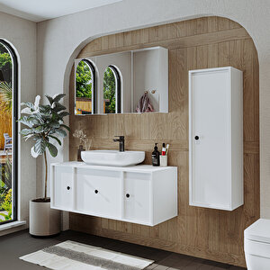 Roomart Oval Lavabolu Mat Mdf 120 Cm Çekmeceli Banyo Dolabı + Aynalı Üst Dolabı + Boy Dolabı