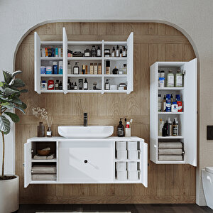 Roomart Oval Lavabolu Mat Mdf 120 Cm Çekmeceli Banyo Dolabı + Aynalı Üst Dolabı + Boy Dolabı