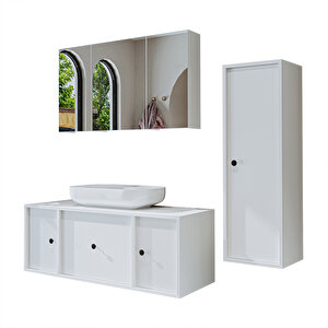 Roomart Oval Lavabolu Mat Mdf 120 Cm Çekmeceli Banyo Dolabı + Aynalı Üst Dolabı + Boy Dolabı