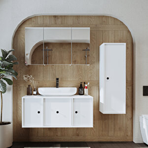 Oval Lavabolu Mat Mdf 105 Cm Çekmeceli Banyo Dolabı + Aynalı Üst Dolabı + Boy Dolabı Beyaz