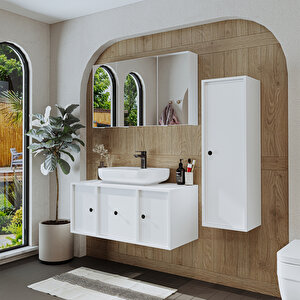 Oval Lavabolu Mat Mdf 105 Cm Çekmeceli Banyo Dolabı + Aynalı Üst Dolabı + Boy Dolabı Beyaz