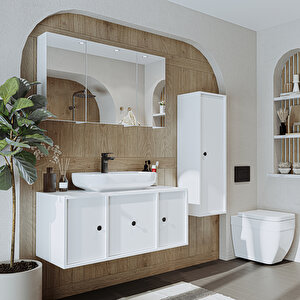 Roomart Oval Lavabolu Mat Mdf 105 Cm Çekmeceli Banyo Dolabı + Aynalı Üst Dolabı + Boy Dolabı