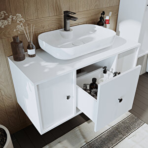 Roomart Oval Lavabolu Mat Mdf 105 Cm Çekmeceli Banyo Dolabı + Aynalı Üst Dolabı + Boy Dolabı