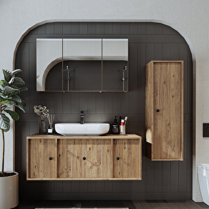 Oval Lavabolu Mat Mdf 120 Cm Çekmeceli Banyo Dolabı + Aynalı Üst Dolabı + Boy Dolabı Atlantik Çam