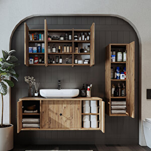 Roomart Oval Lavabolu Mat Mdf 120 Cm Çekmeceli Banyo Dolabı + Aynalı Üst Dolabı + Boy Dolabı