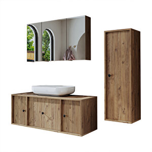 Roomart Oval Lavabolu Mat Mdf 120 Cm Çekmeceli Banyo Dolabı + Aynalı Üst Dolabı + Boy Dolabı