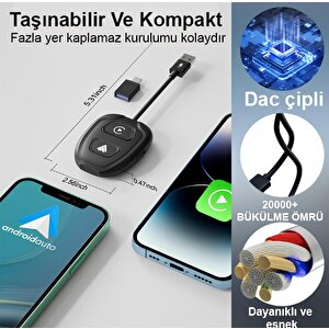 Hakopro Araç İçi Android Ve Apple Cihazlar İle Uyumlu Kablosuz Carplay Ve Android Oto Adaptörü Siyah