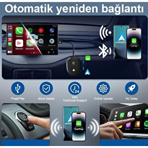 Hakopro Araç İçi Android Ve Apple Cihazlar İle Uyumlu Kablosuz Carplay Ve Android Oto Adaptörü Siyah