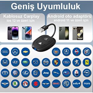 Hakopro Araç İçi Android Ve Apple Cihazlar İle Uyumlu Kablosuz Carplay Ve Android Oto Adaptörü Siyah