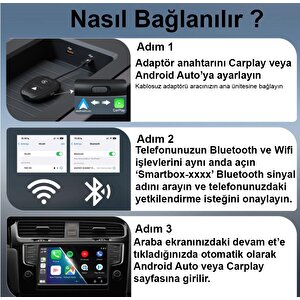 Hakopro Araç İçi Android Ve Apple Cihazlar İle Uyumlu Kablosuz Carplay Ve Android Oto Adaptörü Siyah