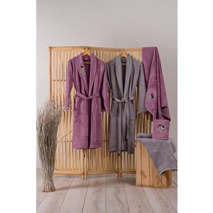 Bambu 3d Nakışlı Aile Bornoz Seti Violet Mürdüm-gri