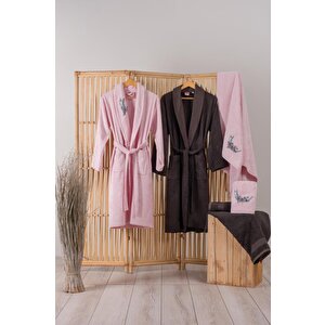 Bambu 3d Nakışlı Aile Bornoz Seti Perla Pembe-antrasit