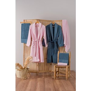 Jakarlı Aile Bornoz Seti Camilla Pembe-indigo