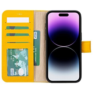 Apple Iphone 15 Pro Max Uyumlu Deri Cüzdanlı Kılıf Mwwn Fl12 Sarı