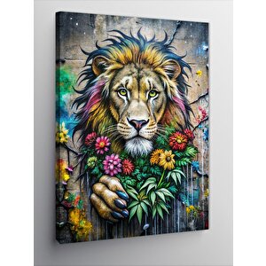 Kanvas Tablo Çiçek Uzatan Aslan 100x140 cm