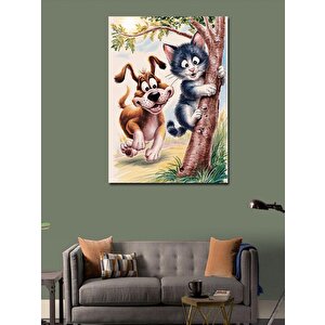 Kanvas Tablo Kedi Kovalayan Köpek 100x140 cm