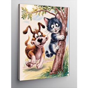Kanvas Tablo Kedi Kovalayan Köpek 50x70 cm