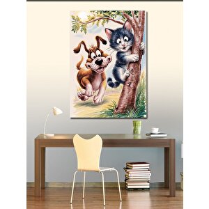 Kanvas Tablo Kedi Kovalayan Köpek 50x70 cm