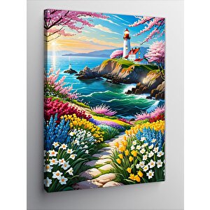 Kanvas Tablo Renkli Kır Çiçekleri Ve Deniz Feneri 100x140 cm