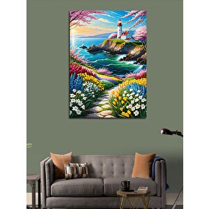 Kanvas Tablo Renkli Kır Çiçekleri Ve Deniz Feneri 100x140 cm