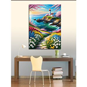 Kanvas Tablo Renkli Kır Çiçekleri Ve Deniz Feneri 100x140 cm
