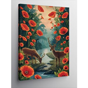 Kanvas Tablo Gelincik Çiçekleri Ve Geyikler 70x100 cm