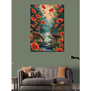 Kanvas Tablo Gelincik Çiçekleri Ve Geyikler 100x140 cm