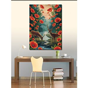Kanvas Tablo Gelincik Çiçekleri Ve Geyikler 100x140 cm