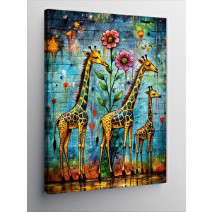 Kanvas Tablo Sevimli Zürafalar Ve Çiçekler 100x140 cm