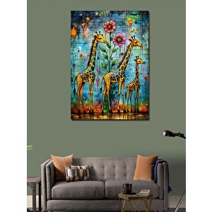 Kanvas Tablo Sevimli Zürafalar Ve Çiçekler 100x140 cm