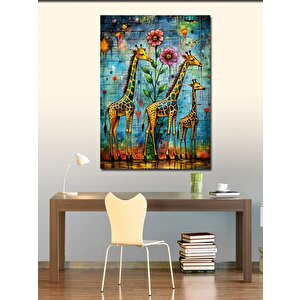 Kanvas Tablo Sevimli Zürafalar Ve Çiçekler 100x140 cm