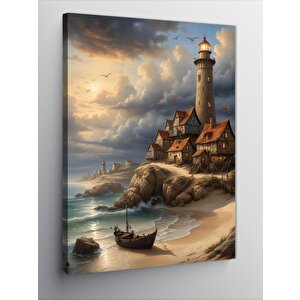 Kanvas Tablo Retro Sahil Kayık Ve Evler 70x100 cm