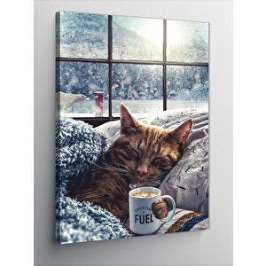 Kanvas Tablo Kış Günü Uyuyan Kedi Ve Fincan 100x140 cm