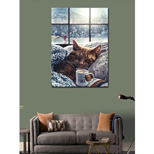 Kanvas Tablo Kış Günü Uyuyan Kedi Ve Fincan 70x100 cm
