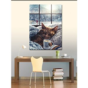 Kanvas Tablo Kış Günü Uyuyan Kedi Ve Fincan 70x100 cm