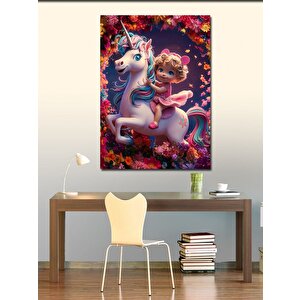 Kanvas Tablo Tek Boynuzlu At Ve Kız Çocuğu 50x70 cm