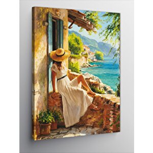 Kanvas Tablo Beyaz Elbiseli Kadın Ve Manzara 50x70 cm