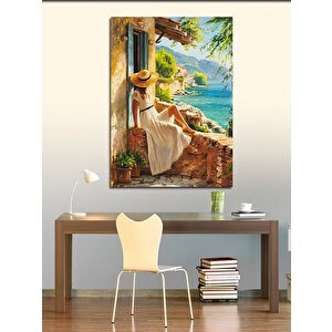 Kanvas Tablo Beyaz Elbiseli Kadın Ve Manzara 50x70 cm